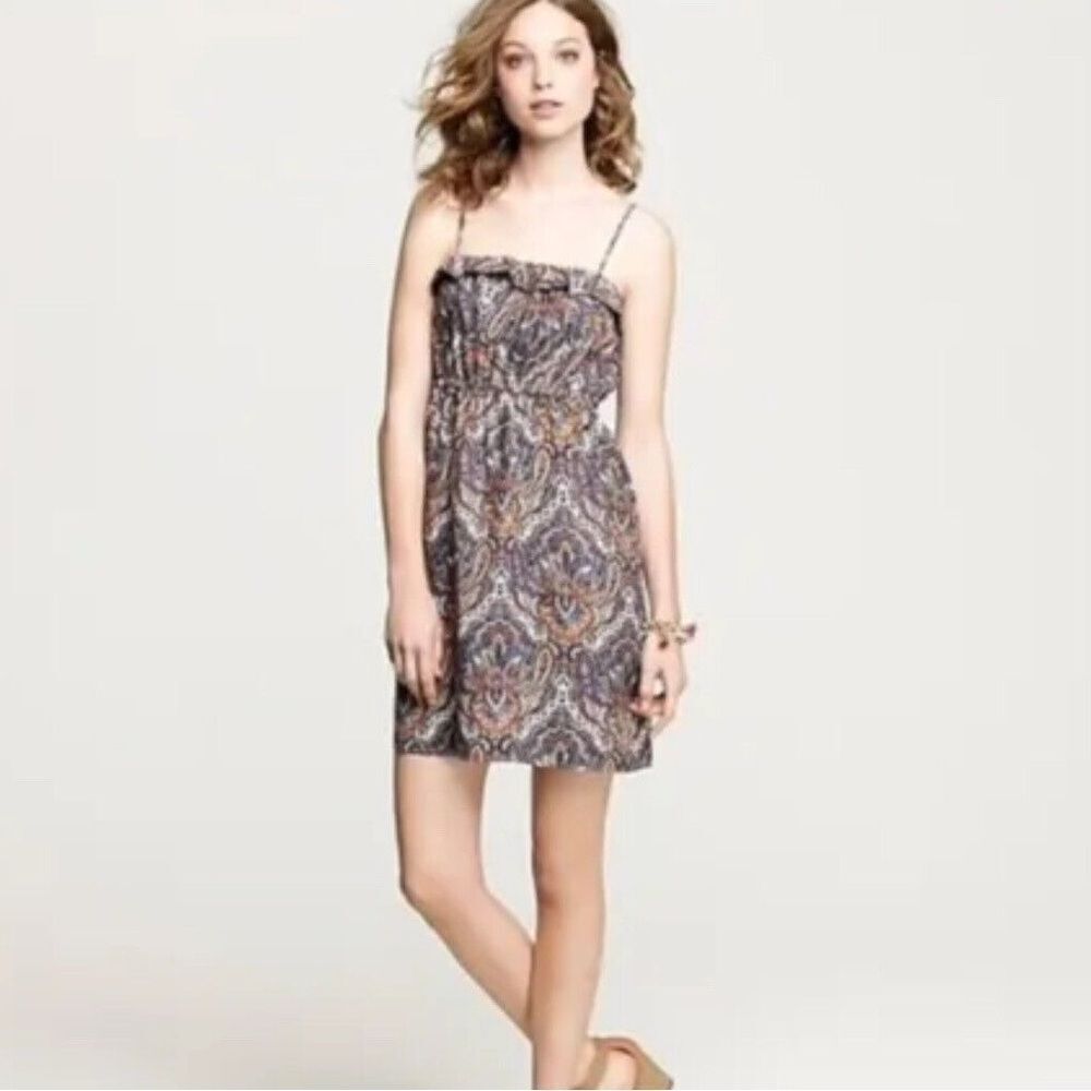J. Crew Blue and Orange Candace Paisley Print 100% Silk Mini Dress